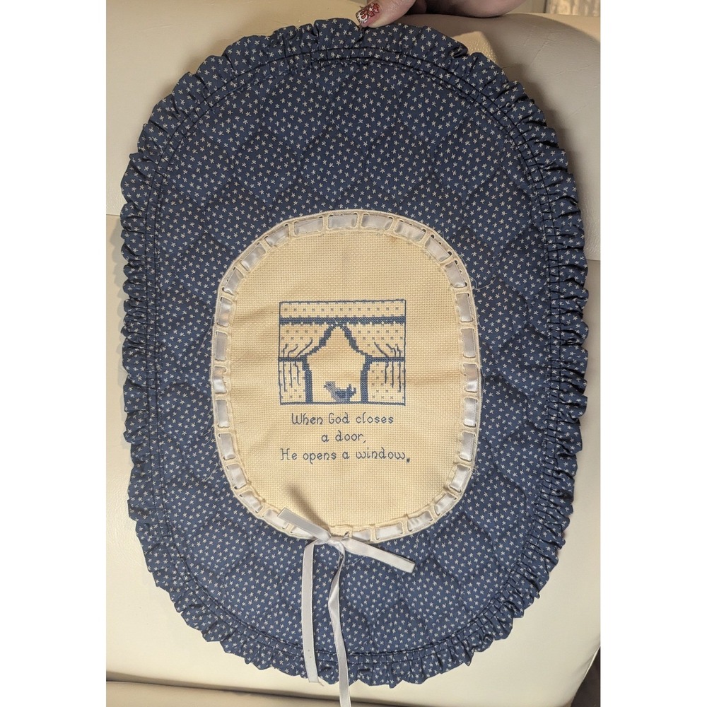 Handmade Quilted Cross Stitch Wall Hanging Blue Patchwork Inspirational Cottage‎